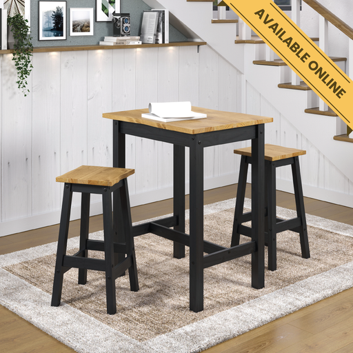 Compact high breakfast bar set featuring a live-edge rectangular table and two matching bar stools, blending rustic charm with practical use; table dimensions: height 100cm, width 80cm, depth 80cm; total weight 28kg.