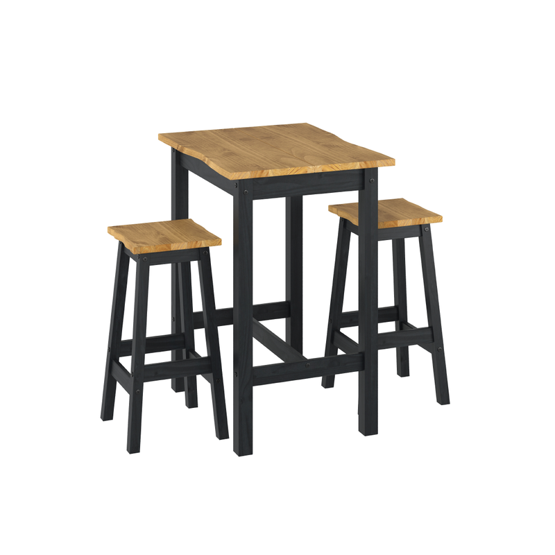 Small live-edge bar table and two stools set, designed for everyday use in kitchens or open-plan areas; table measures 100cm tall, 80cm wide, and 80cm deep; combined weight 28 kilograms.