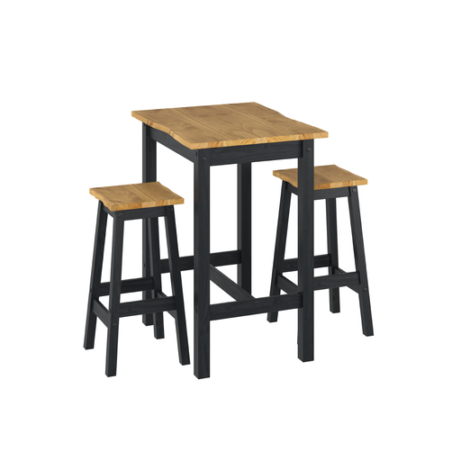 Small live-edge bar table and two stools set, designed for everyday use in kitchens or open-plan areas; table measures 100cm tall, 80cm wide, and 80cm deep; combined weight 28 kilograms.