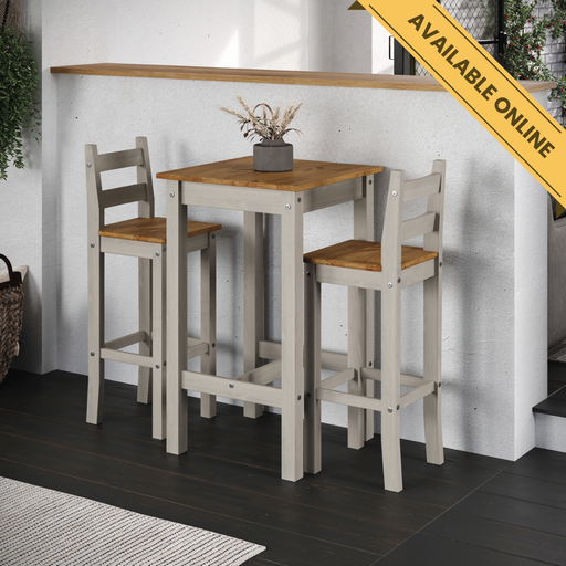 Compact high breakfast bar set featuring a live-edge rectangular table and two matching stools, blending rustic warmth with contemporary style; table dimensions: height 100cm, width 60cm, depth 80cm; total weight 28kg.