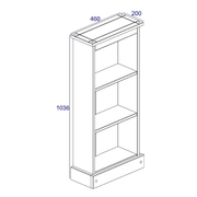 Rustic-style narrow bookshelf with a hand-finished look, offering practical display space in tight areas; measures 103.6cm tall, 46cm wide, and 20cm deep; total weight 8kg.
