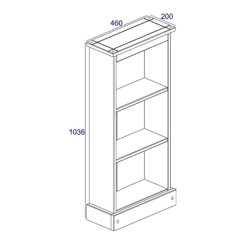 Rustic-style narrow bookshelf with a hand-finished look, offering practical display space in tight areas; measures 103.6cm tall, 46cm wide, and 20cm deep; total weight 8kg.