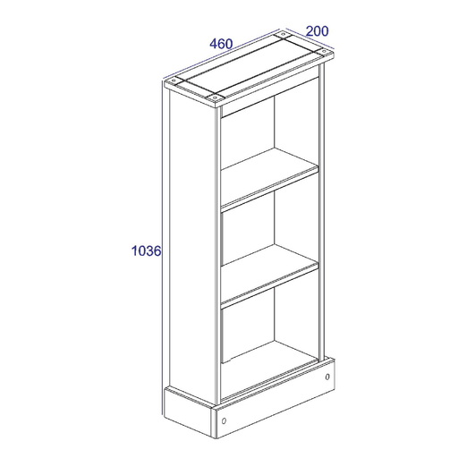 Rustic-style narrow bookshelf with a hand-finished look, offering practical display space in tight areas; measures 103.6cm tall, 46cm wide, and 20cm deep; total weight 8kg.