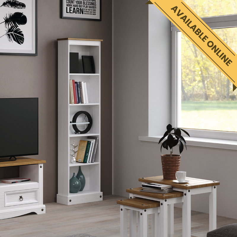 Low-profile narrow bookcase ideal for displaying books, photos, or small décor items; height 103.6cm, width 46cm, depth 20cm; weight 8kg.