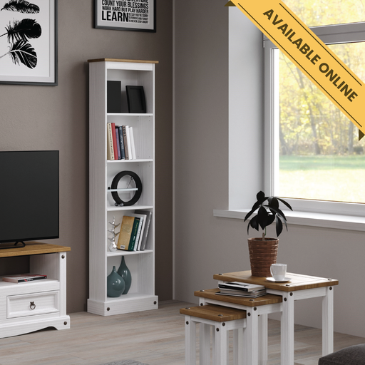 Low-profile narrow bookcase ideal for displaying books, photos, or small décor items; height 103.6cm, width 46cm, depth 20cm; weight 8kg.