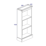 Space-efficient low bookcase featuring a narrow design and open shelves for stylish, functional storage; measures 103.6cm tall, 46cm wide, and 20cm deep; total weight 8kg.
