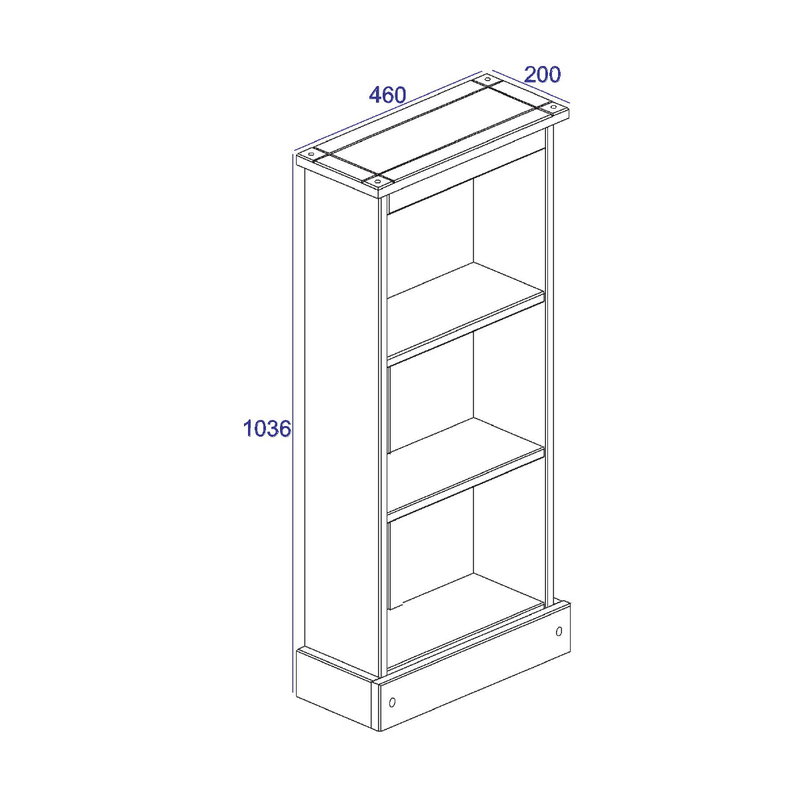 Space-efficient low bookcase featuring a narrow design and open shelves for stylish, functional storage; measures 103.6cm tall, 46cm wide, and 20cm deep; total weight 8kg.