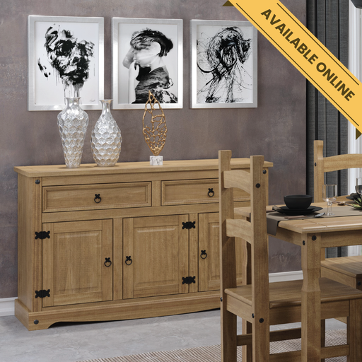 Mid-sized sideboard with two drawers and three doors, offering versatile storage; dimensions: height 80.6cm, width 132cm, depth 43cm; weight 33kg.
