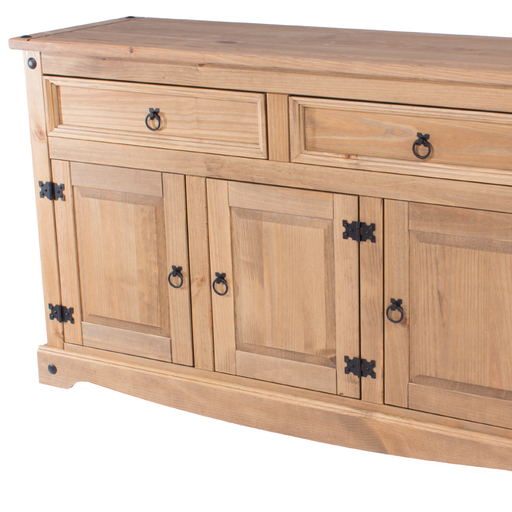 Medium two-drawer, three-door sideboard designed for flexible organization; measures 80.6cm tall, 132cm wide, and 43cm deep; weighs 33 kilograms.