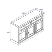 Practical sideboard featuring a mix of two drawers and three cupboards for ample storage; overall size 80.6 x 132 x 43cm; weight 33kg.