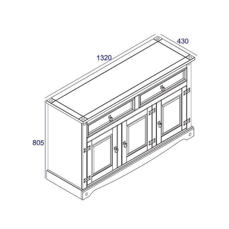 Practical sideboard featuring a mix of two drawers and three cupboards for ample storage; overall size 80.6 x 132 x 43cm; weight 33kg.