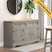 Medium-sized sideboard with three drawers and two doors, offering versatile storage for organized living spaces; height 80.6cm, width 132cm, depth 43cm; weight 33kg.
