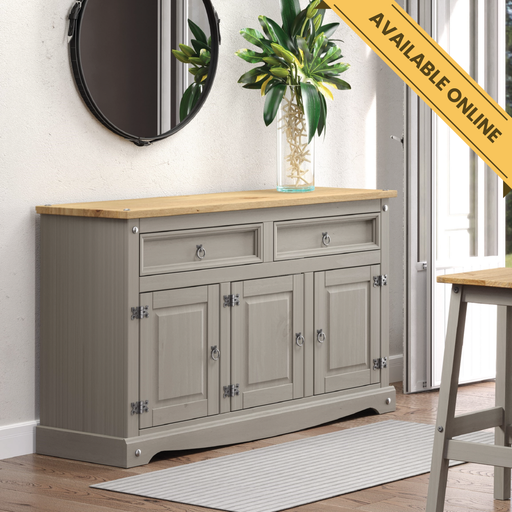Medium-sized sideboard with three drawers and two doors, offering versatile storage for organized living spaces; height 80.6cm, width 132cm, depth 43cm; weight 33kg.