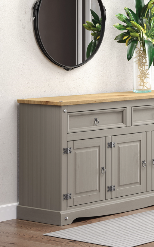 Medium-sized sideboard with three drawers and two doors, offering versatile storage for organized living spaces; height 80.6cm, width 132cm, depth 43cm; weight 33kg.