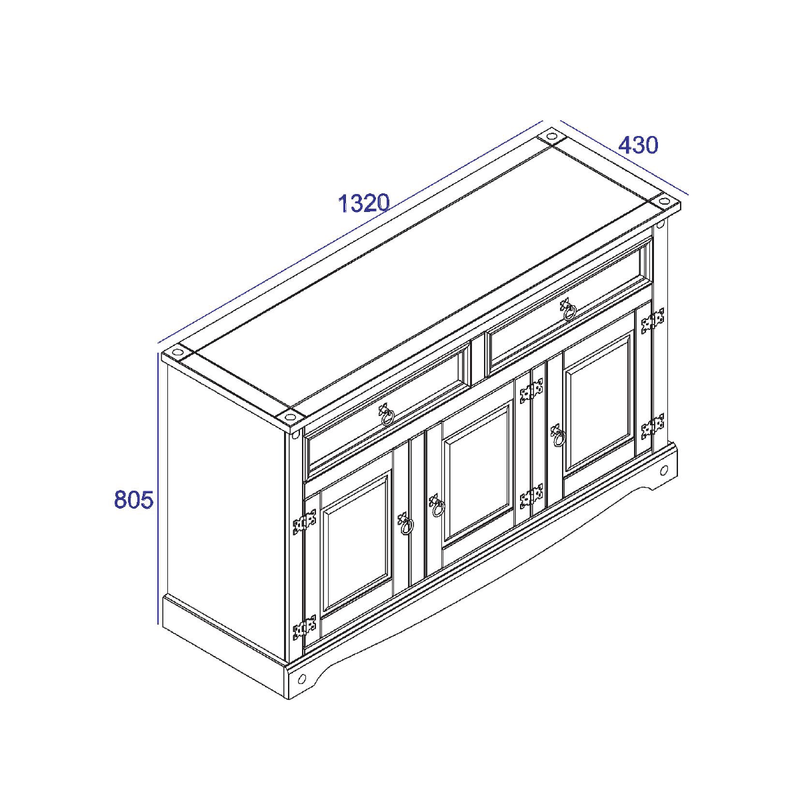 Balanced sideboard design combining three drawers and two doors to streamline kitchen or dining room storage; measures 80.6cm tall, 132cm wide, and 43cm deep; total weight 33kg.