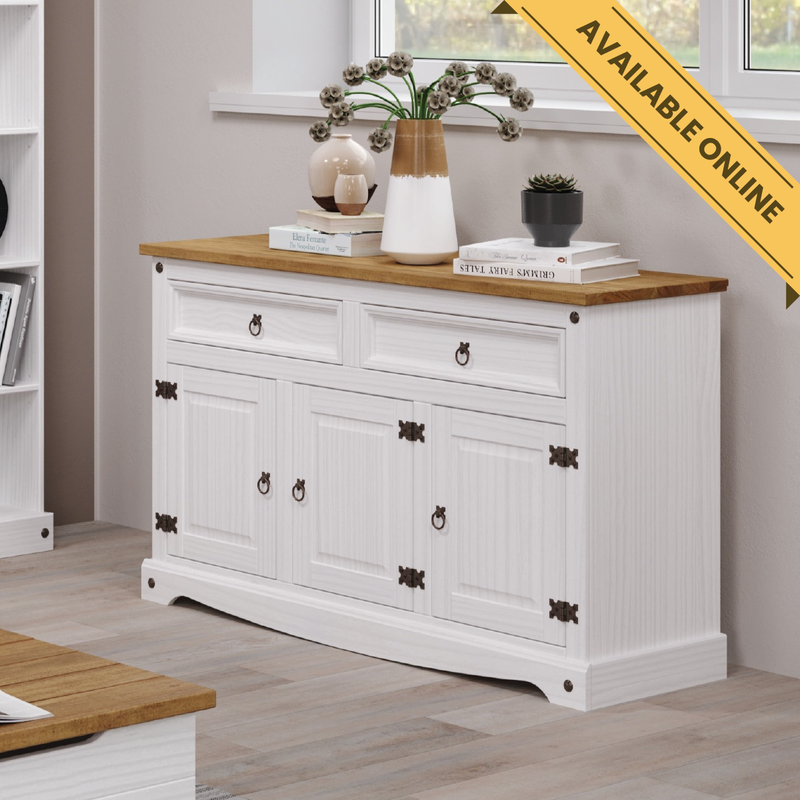 Medium-sized sideboard with three drawers and two doors, providing a balanced mix of open and concealed storage; height 80.6cm, width 132cm, depth 43cm; weight 33kg.