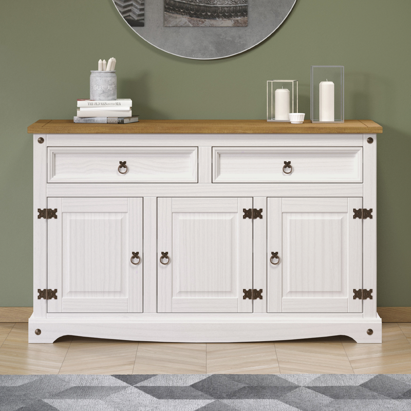 Practical storage cabinet featuring three smooth-gliding drawers and two spacious cupboards for organized living; dimensions: 80.6cm H × 132cm W × 43cm D; weighs 33 kilograms.