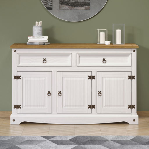 Practical storage cabinet featuring three smooth-gliding drawers and two spacious cupboards for organized living; dimensions: 80.6cm H × 132cm W × 43cm D; weighs 33 kilograms.