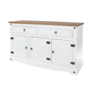 Versatile sideboard combining three drawers and two doors to offer flexible storage for dining or living areas; measures 80.6cm tall, 132cm wide, and 43cm deep; total weight 33kg.