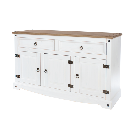 Versatile sideboard combining three drawers and two doors to offer flexible storage for dining or living areas; measures 80.6cm tall, 132cm wide, and 43cm deep; total weight 33kg.