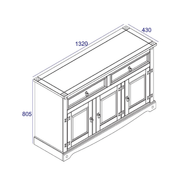 Spacious medium sideboard designed for everyday use, with ample drawer and cupboard space in a classic layout; size: 80.6 x 132 x 43cm; weight 33kg.