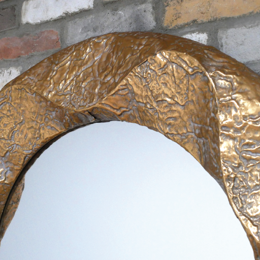 Large circular mirror with a beaten gold finish, 105cm in diameter and 9cm deep, weighing 7.60kg, ideal for modern or rustic interiors.