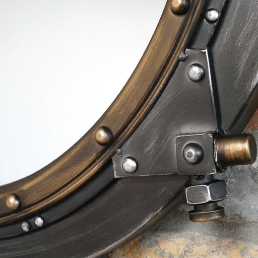 Large round mirror with an industrial metal frame, dimensions 85cm H × 85cm W × 6cm D, weight 5.0kg.