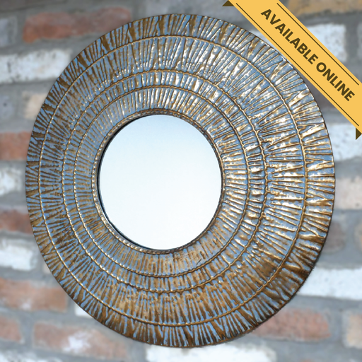 Round mirror with concentric grooved circle design, H:59cm W:59cm D:2cm, Weight:1.6kg.