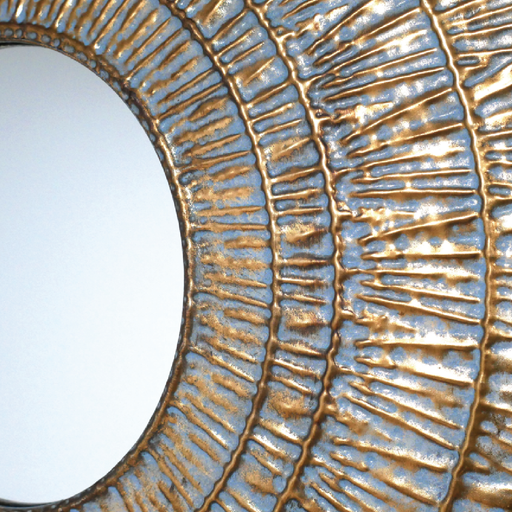 Decorative circular mirror featuring textured concentric rings, dimensions 59cm H × 59cm W × 2cm D, weight 1.6kg.