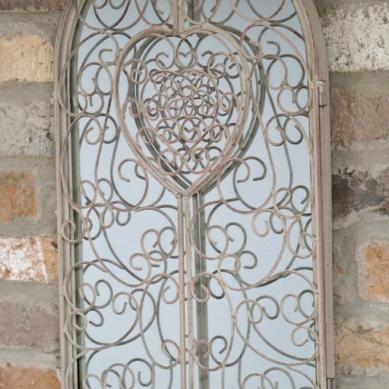 Romantic heart mirror featuring a vintage shutter design, perfect for rustic or coastal interiors, 50cm H x 32cm W x 2cm D, 2kg.