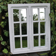 Weather-resistant outdoor mirror crafted to resemble a classic window, 58cm tall by 50cm wide by 3cm deep, 4.2kg in weight.