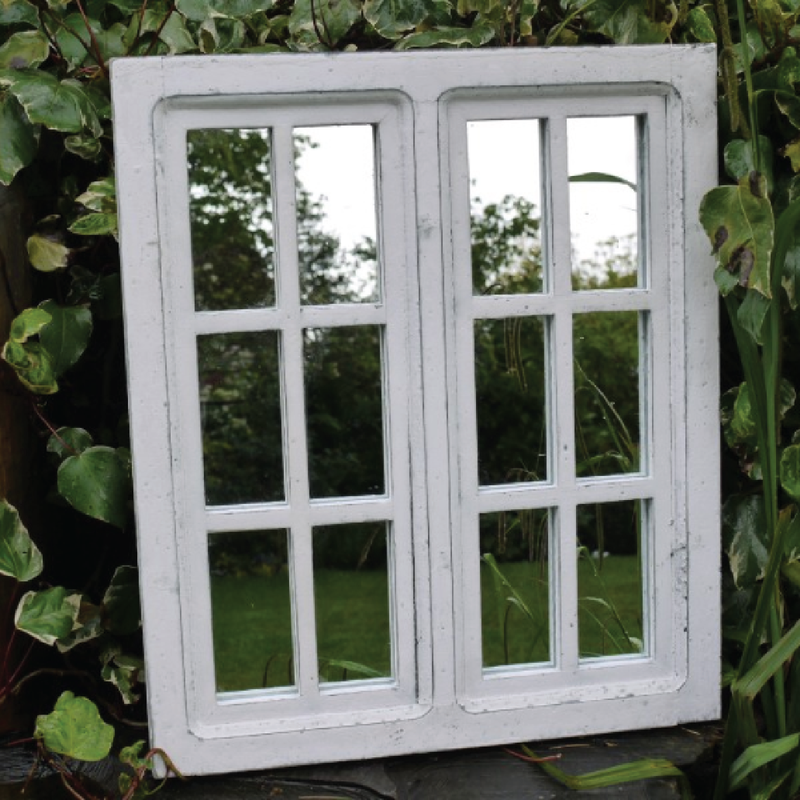Weather-resistant outdoor mirror crafted to resemble a classic window, 58cm tall by 50cm wide by 3cm deep, 4.2kg in weight.