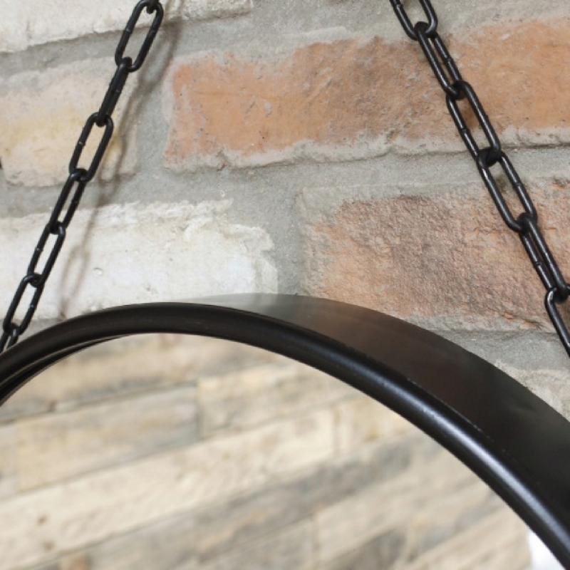 Stylish round mirror featuring a bold black hanging chain, 46cm wide by 46cm high by 7cm deep, 2.8kg in weight.