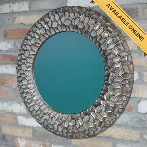 Round metal framed mirror, H:72cm W:72cm D:5cm, Weight:3.34kg.