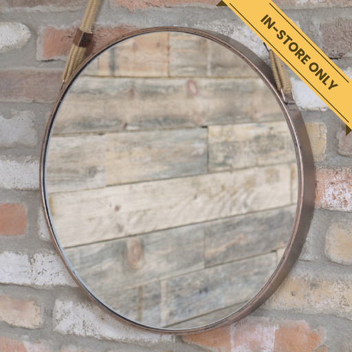 Decorative round rose gold mirror with hanging strap, H:47cm W:47cm D:4cm, Weight:2kg.