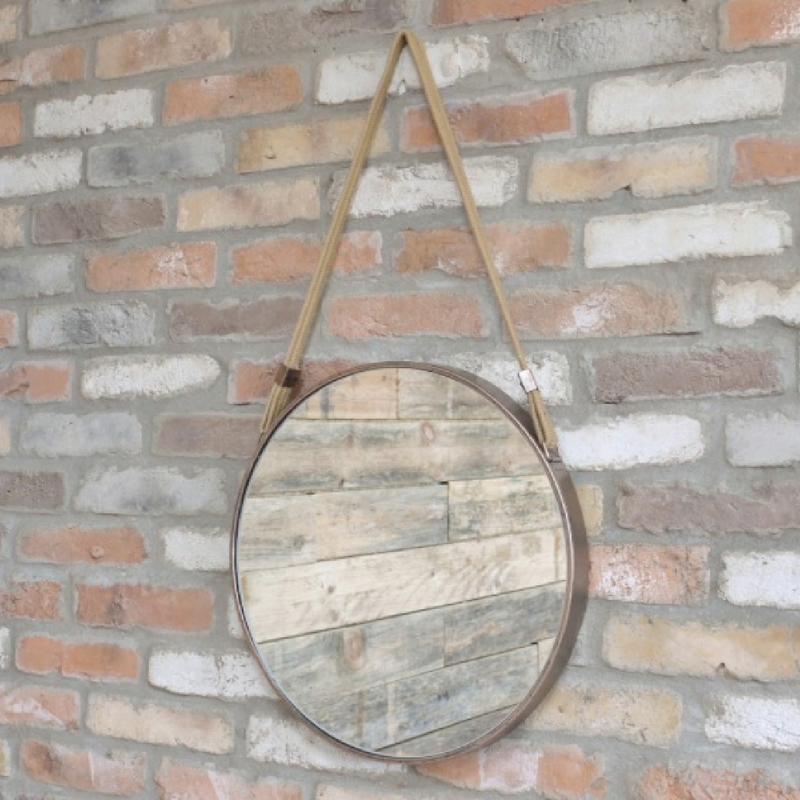 Lightweight decorative mirror with rose gold frame and carrying/hanging strap, 47cm × 47cm × 4cm, weighing 2kg.