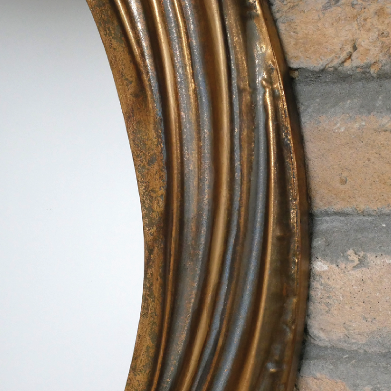 Round mirror with a swirling frame design, 80cm in diameter and 4cm deep, weighing 5.68kg, ideal for modern or rustic interiors.