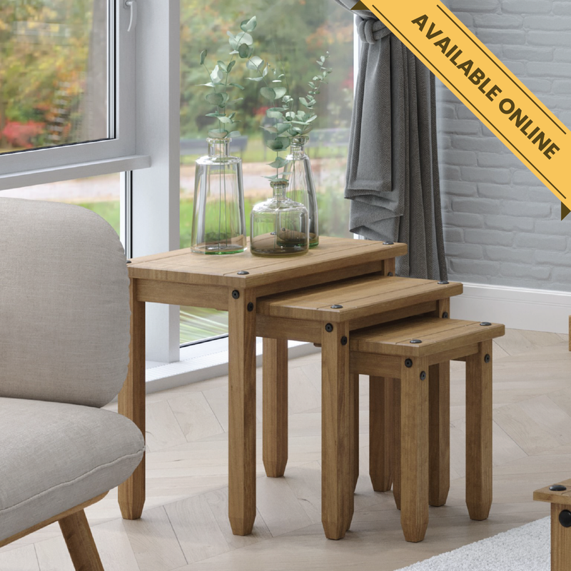 Nest of three versatile side tables that stack neatly when not in use, 51.1cm high, 53cm wide, 35cm deep, weighing 11kg, ideal for flexible living spaces.