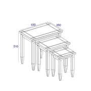 Compact trio of nesting tables that tuck together for storage, 51.1cm tall by 53cm wide by 35cm deep, 11kg in weight, perfect for small or multi-use rooms.