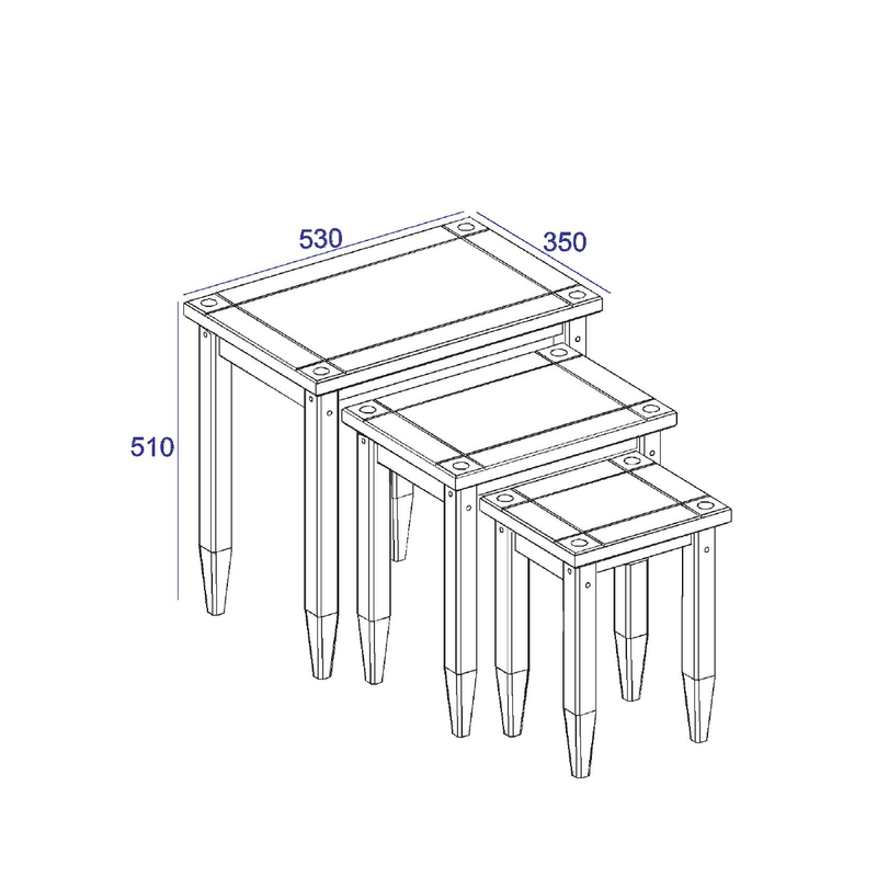 Compact trio of nesting tables that tuck together for storage, 51.1cm tall by 53cm wide by 35cm deep, 11kg in weight, perfect for small or multi-use rooms.