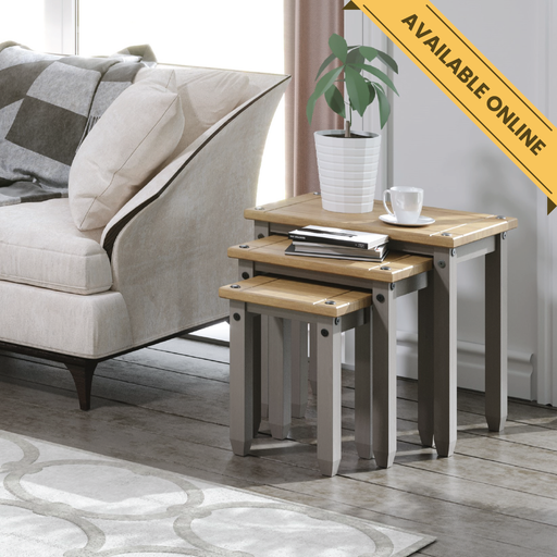 Set of three nesting tables offering flexible surface space and rustic charm; height 51.1cm, width 53cm, depth 35cm; total weight 11kg.