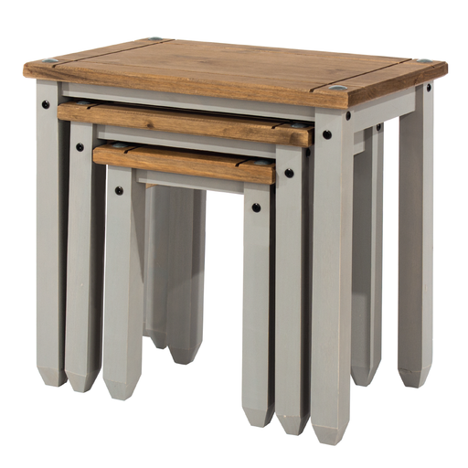 Practical trio of nesting tables designed to save space while adding warmth and character to living areas; dimensions when nested: 51.1cm H × 53cm W × 35cm D; combined weight 11 kilograms.