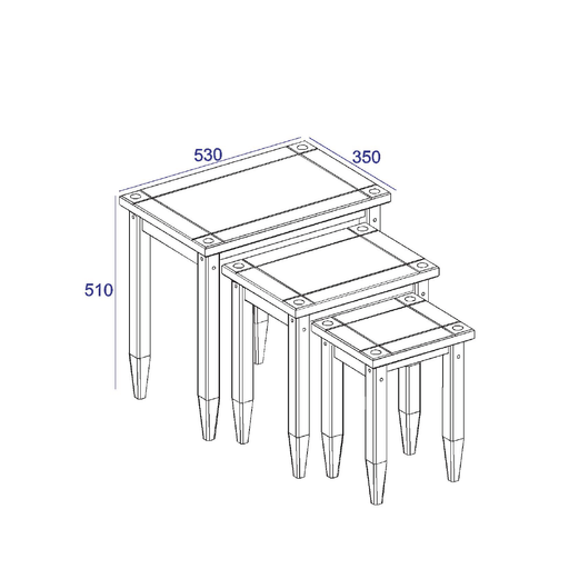 Rustic-inspired nest of three tables that can be used together or separately for versatile styling; overall footprint 53 x 35cm, height 51.1cm; total weight 11kg.
