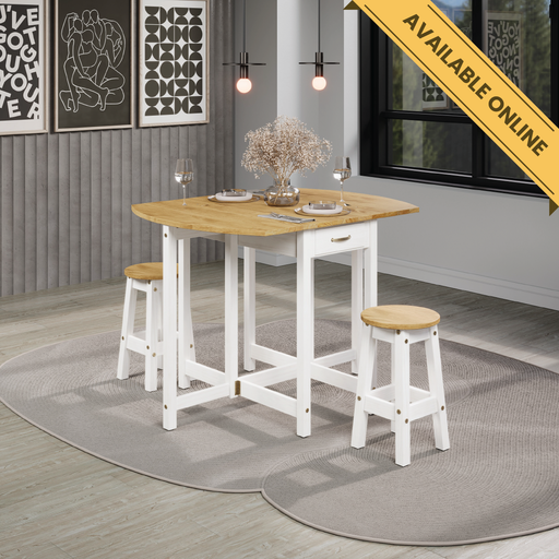 Versatile oval gateleg breakfast table with drop leaves (114cm extended, 50cm folded) and two matching stools, perfect for a cosy nook; height 84cm, depth 89cm; total weight 29kg.