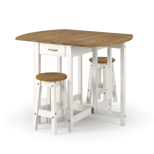 Space-efficient oval dining set featuring a traditional gateleg drop-leaf table and two stools; table width adjusts from 50cm to 114cm; dimensions: 84cm H × 89cm D; weighs 29 kilograms.