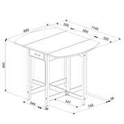 Compact breakfast ensemble with an oval gateleg table that folds to save space and two coordinating stools; open size 114cm wide, closed 50cm; height 84cm, depth 89cm; total weight 29kg.