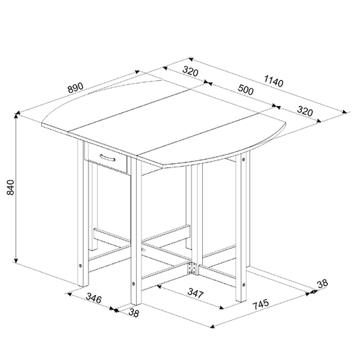 Compact breakfast ensemble with an oval gateleg table that folds to save space and two coordinating stools; open size 114cm wide, closed 50cm; height 84cm, depth 89cm; total weight 29kg.