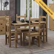Family-friendly dining set featuring a spacious rectangular table and four solid pine chairs in warm wood tones; table dimensions: height 75cm, width 118cm, depth 75cm; total weight 39kg.