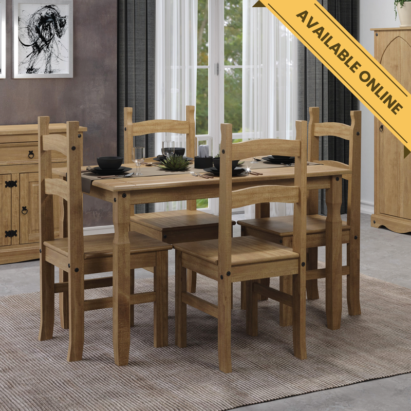 Family-friendly dining set featuring a spacious rectangular table and four solid pine chairs in warm wood tones; table dimensions: height 75cm, width 118cm, depth 75cm; total weight 39kg.