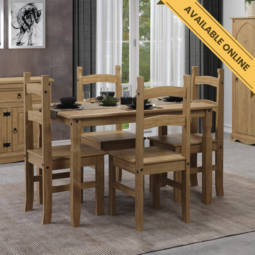 Family-friendly dining set featuring a spacious rectangular table and four solid pine chairs in warm wood tones; table dimensions: height 75cm, width 118cm, depth 75cm; total weight 39kg.